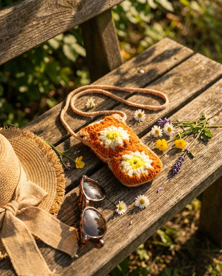 Daisy phone pouch on a garden bench