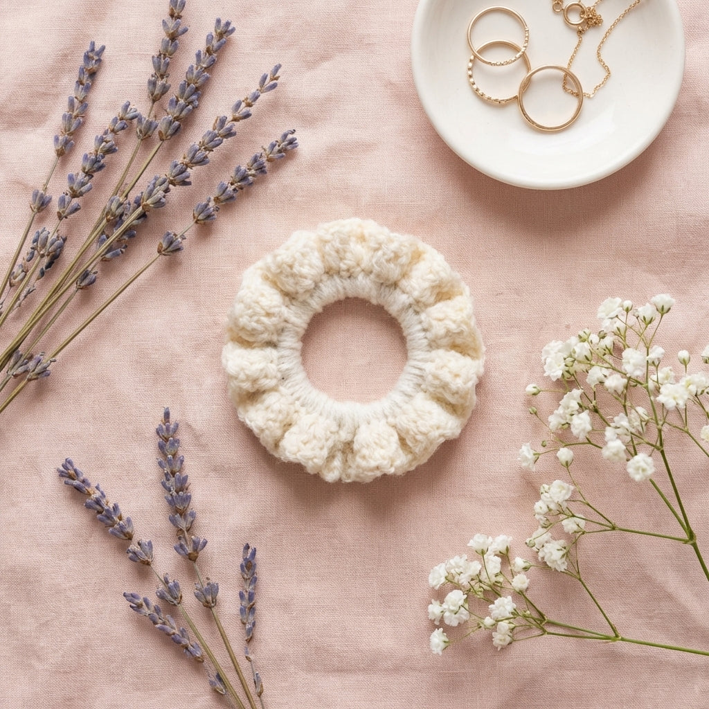 Cream crochet scrunchie with lavender